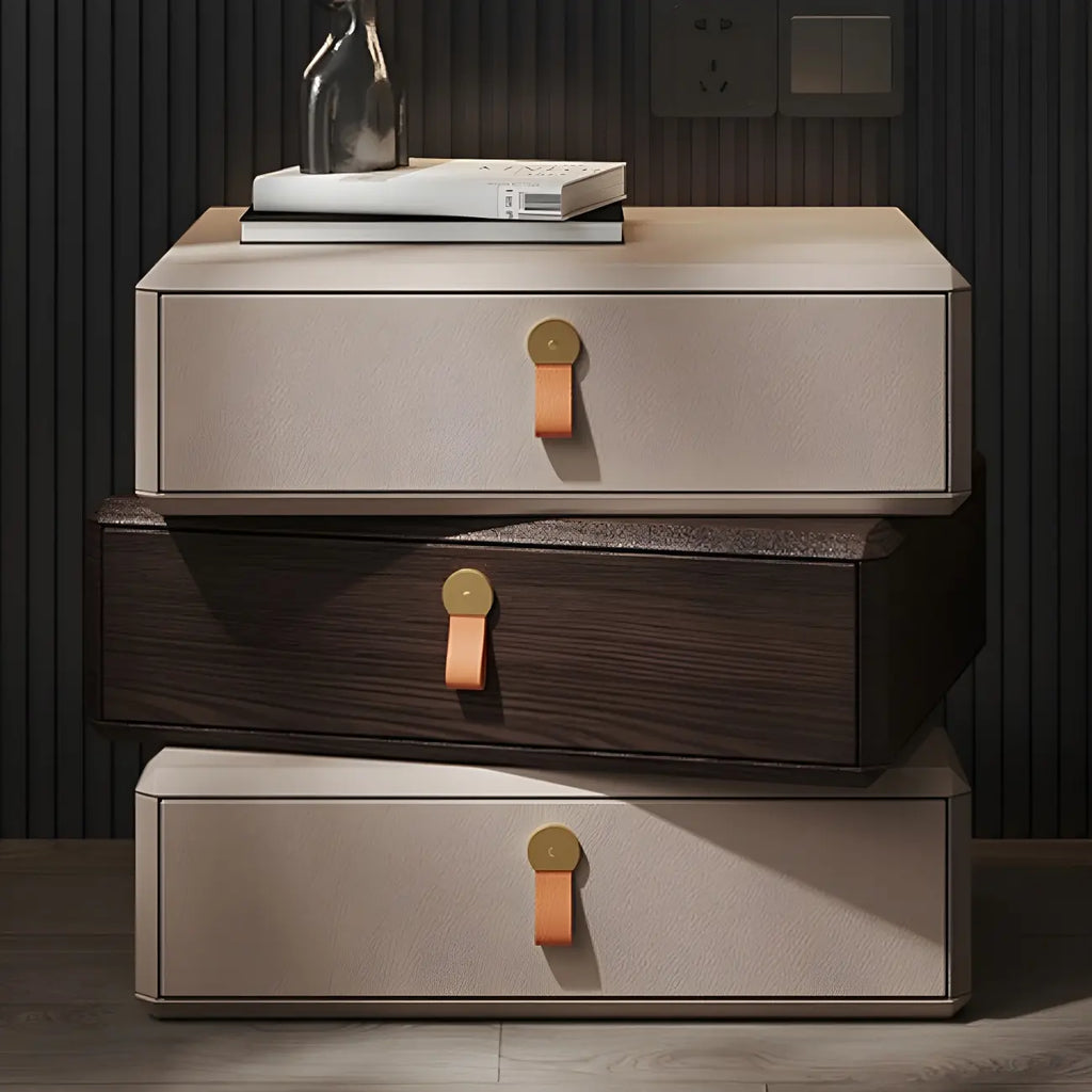 Stacked Beige Wood 3 Drawers Narrow Nightstand
