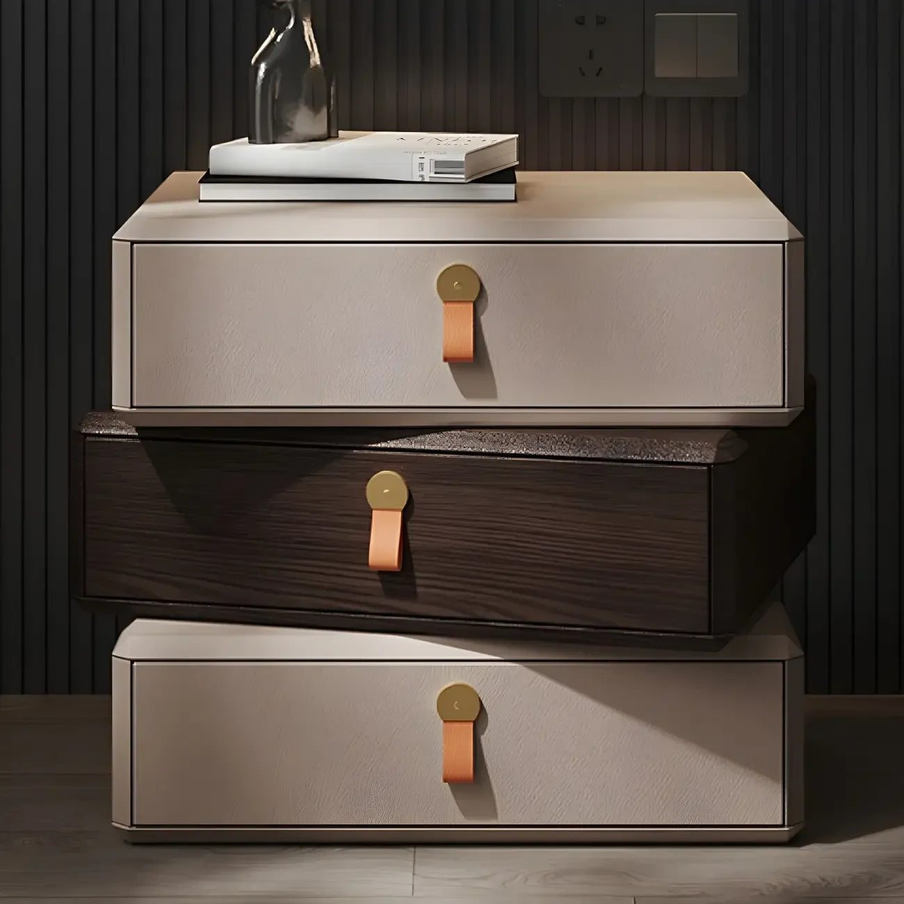 Stacked Beige Wood 3 Drawers Narrow Nightstand
