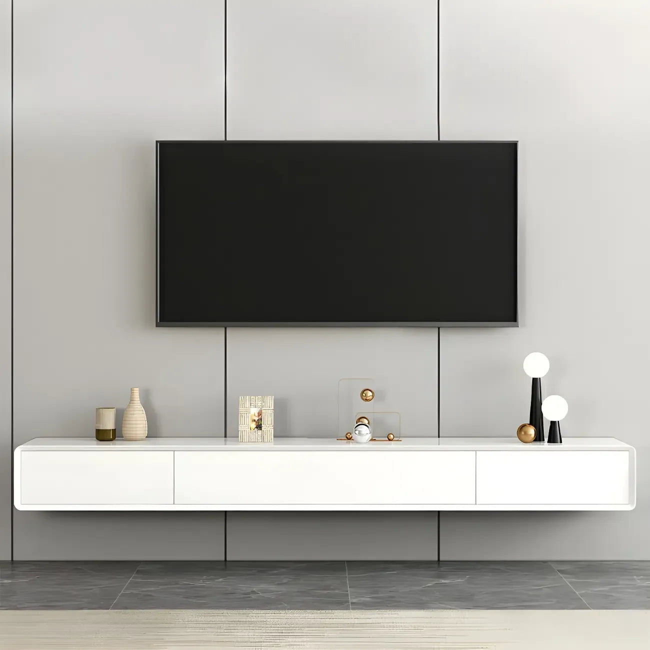 White Floating Mount Wood Drawers Cabinet TV Stand