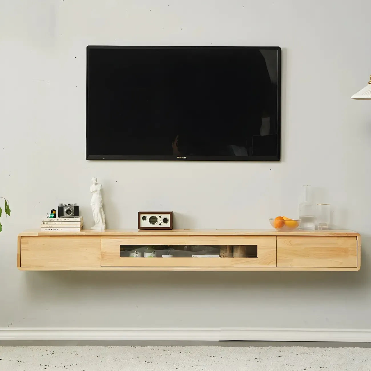 63 Natural Rubberwood Floating TV Stand with Hidden Storage
