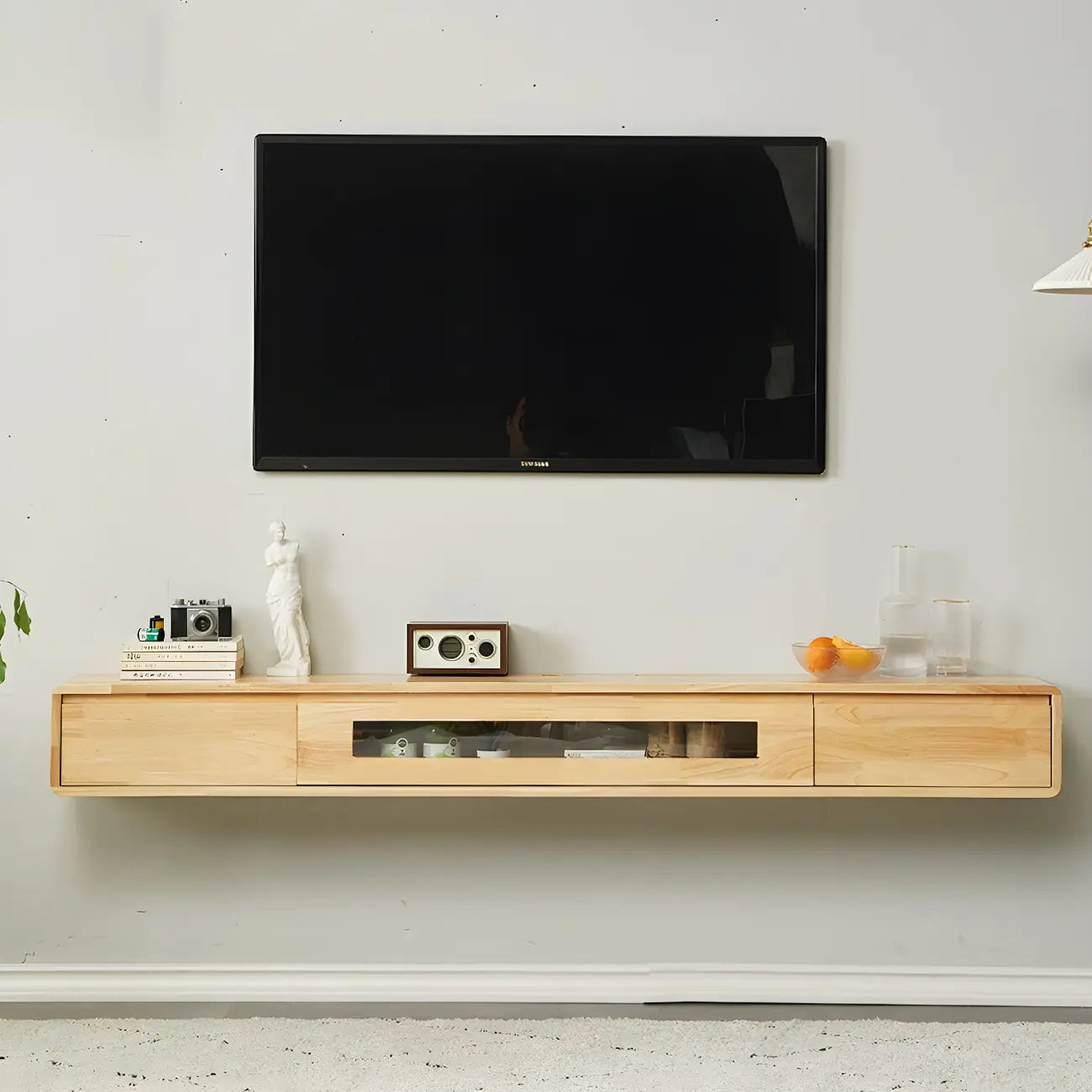 63 Natural Rubberwood Floating TV Stand with Hidden Storage