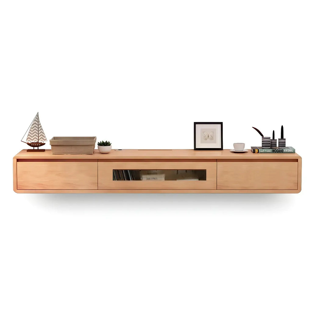 63 Natural Rubberwood Floating TV Stand with Hidden Storage