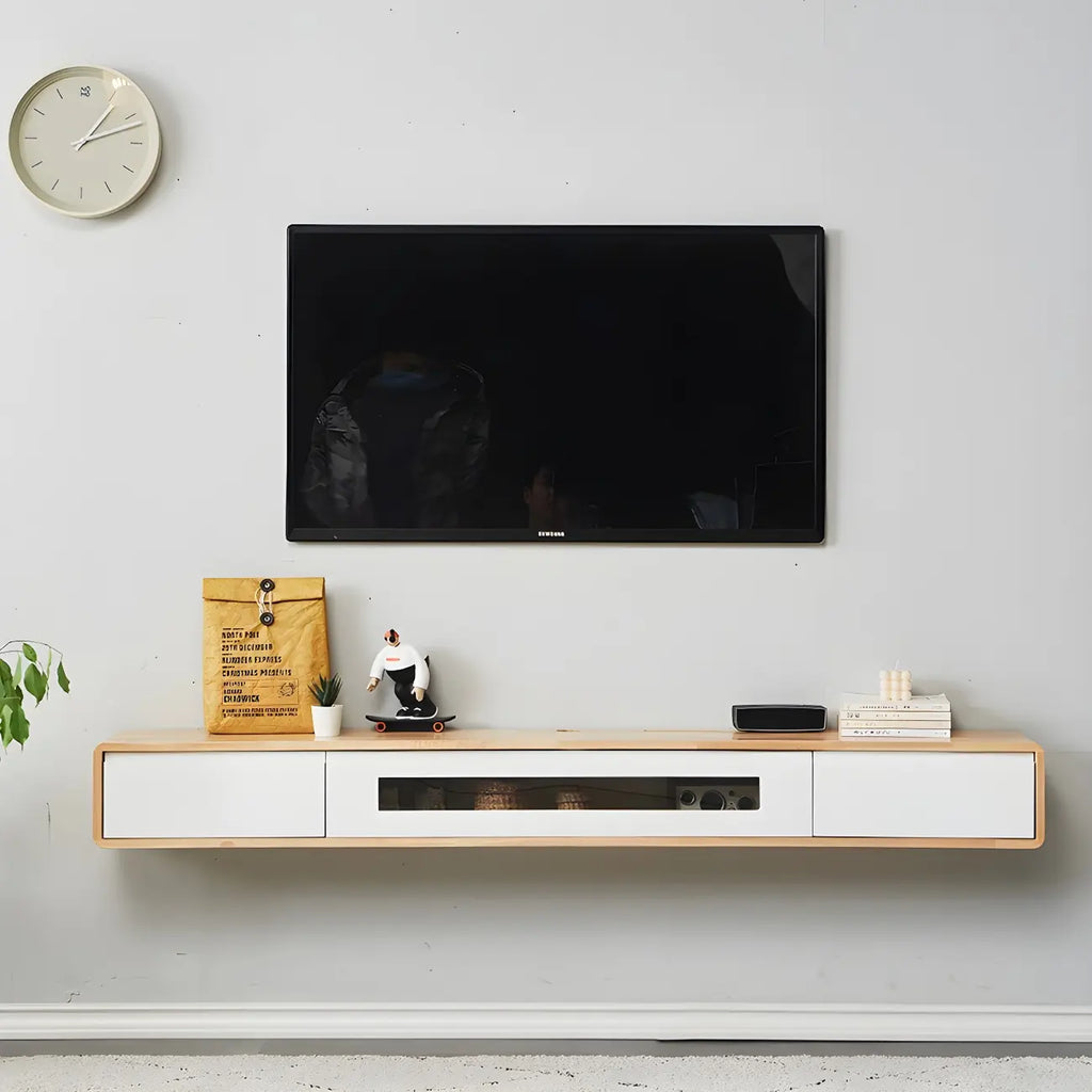 63 Natural Rubberwood Floating TV Stand with Hidden Storage