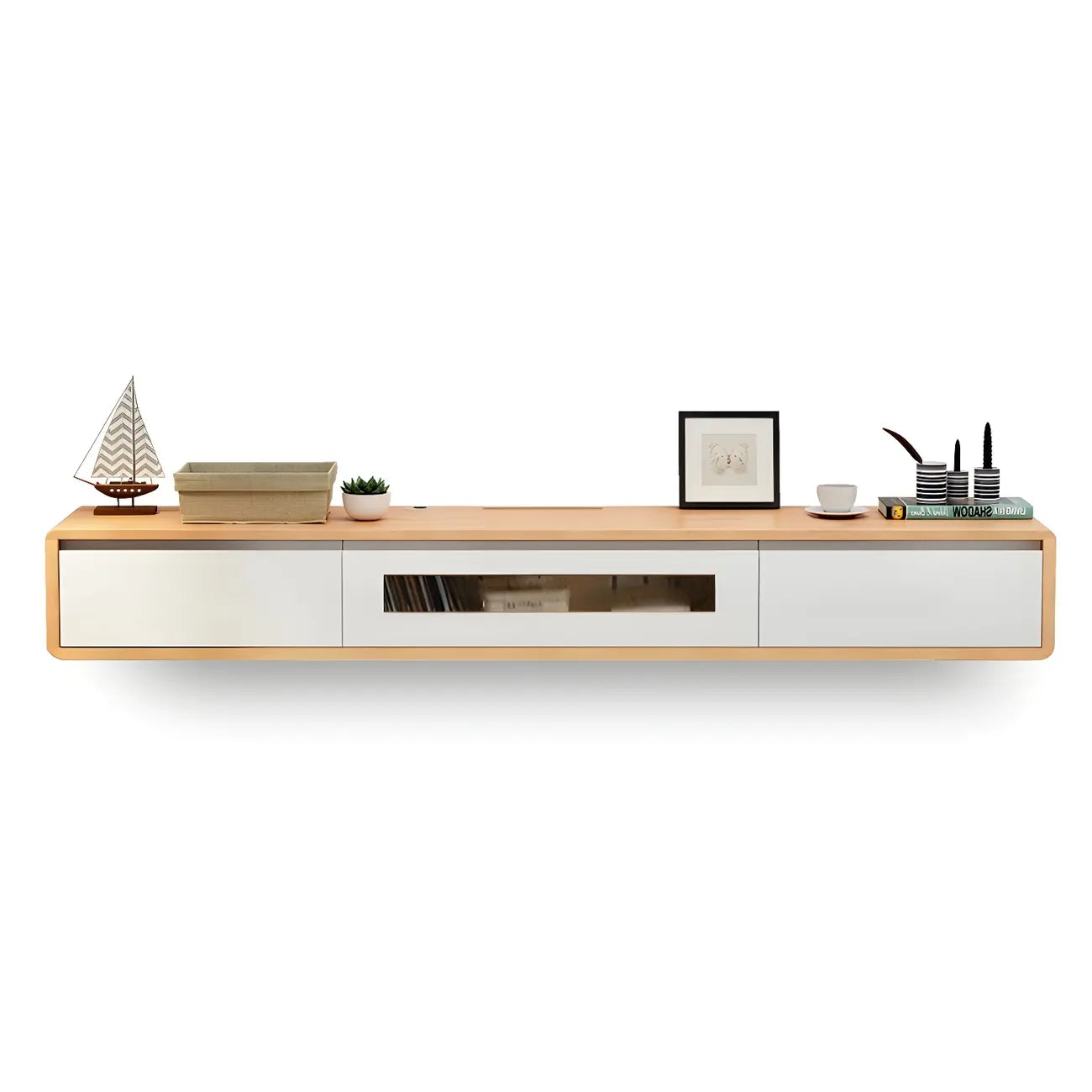 63 Natural Rubberwood Floating TV Stand with Hidden Storage