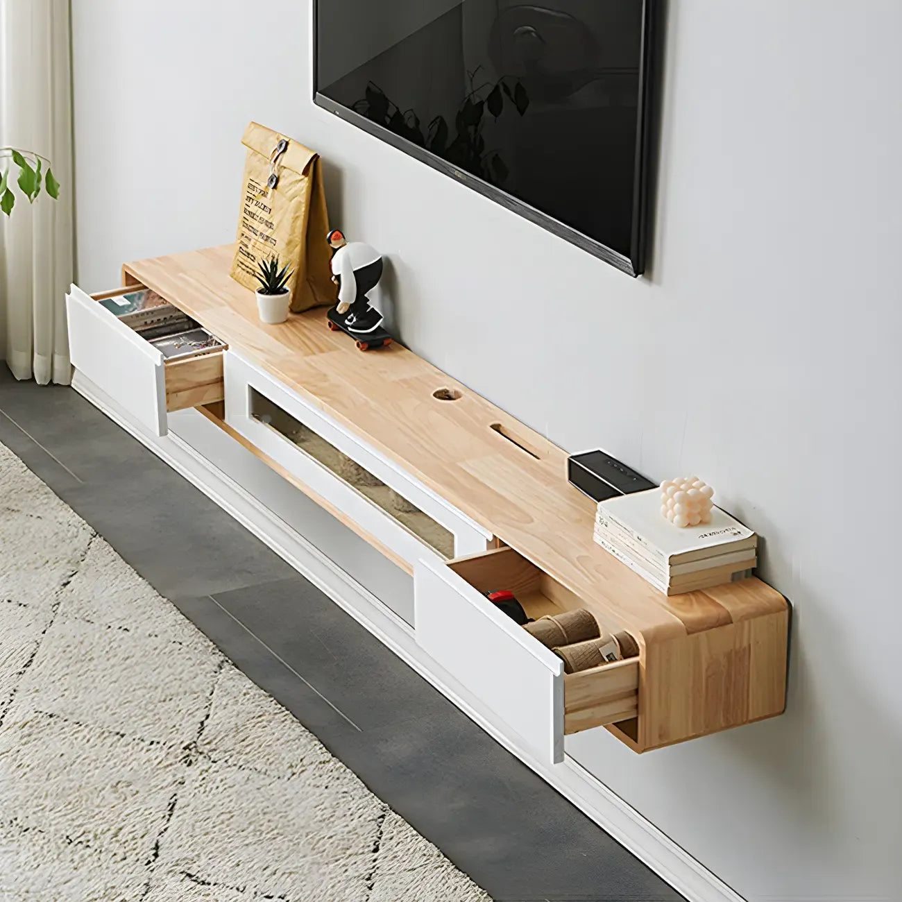 63 Natural Rubberwood Floating TV Stand with Hidden Storage