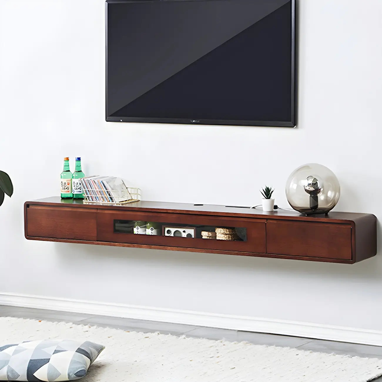 63 Natural Rubberwood Floating TV Stand with Hidden Storage