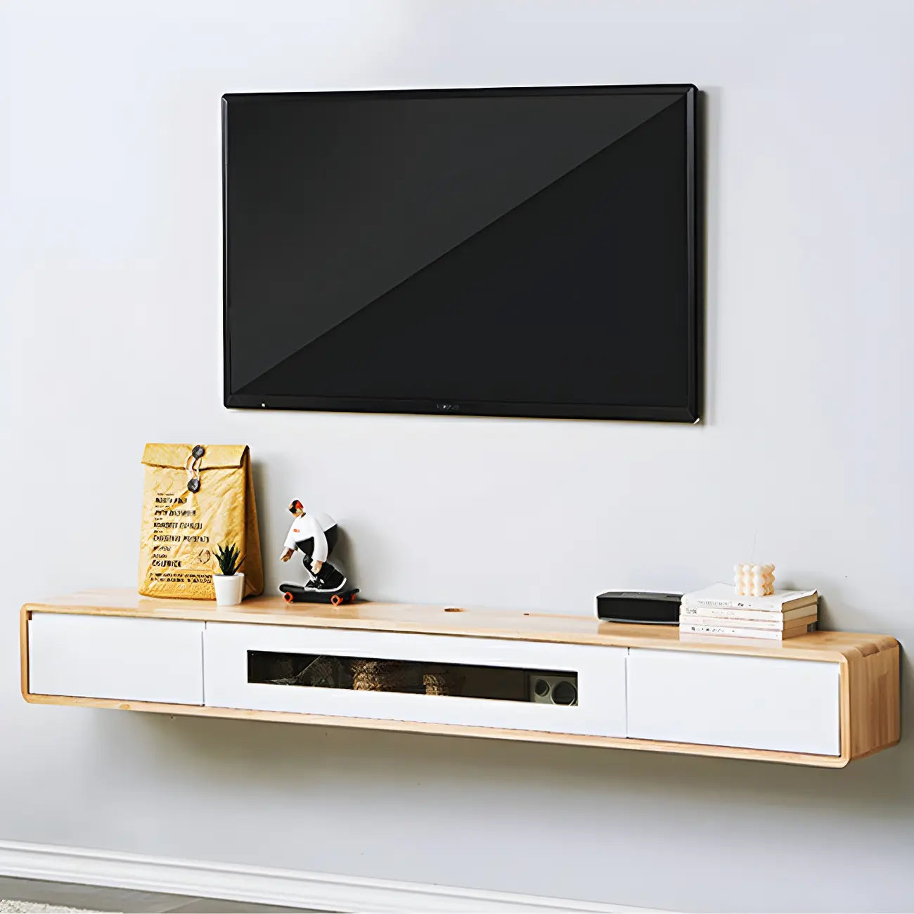 63 Natural Rubberwood Floating TV Stand with Hidden Storage