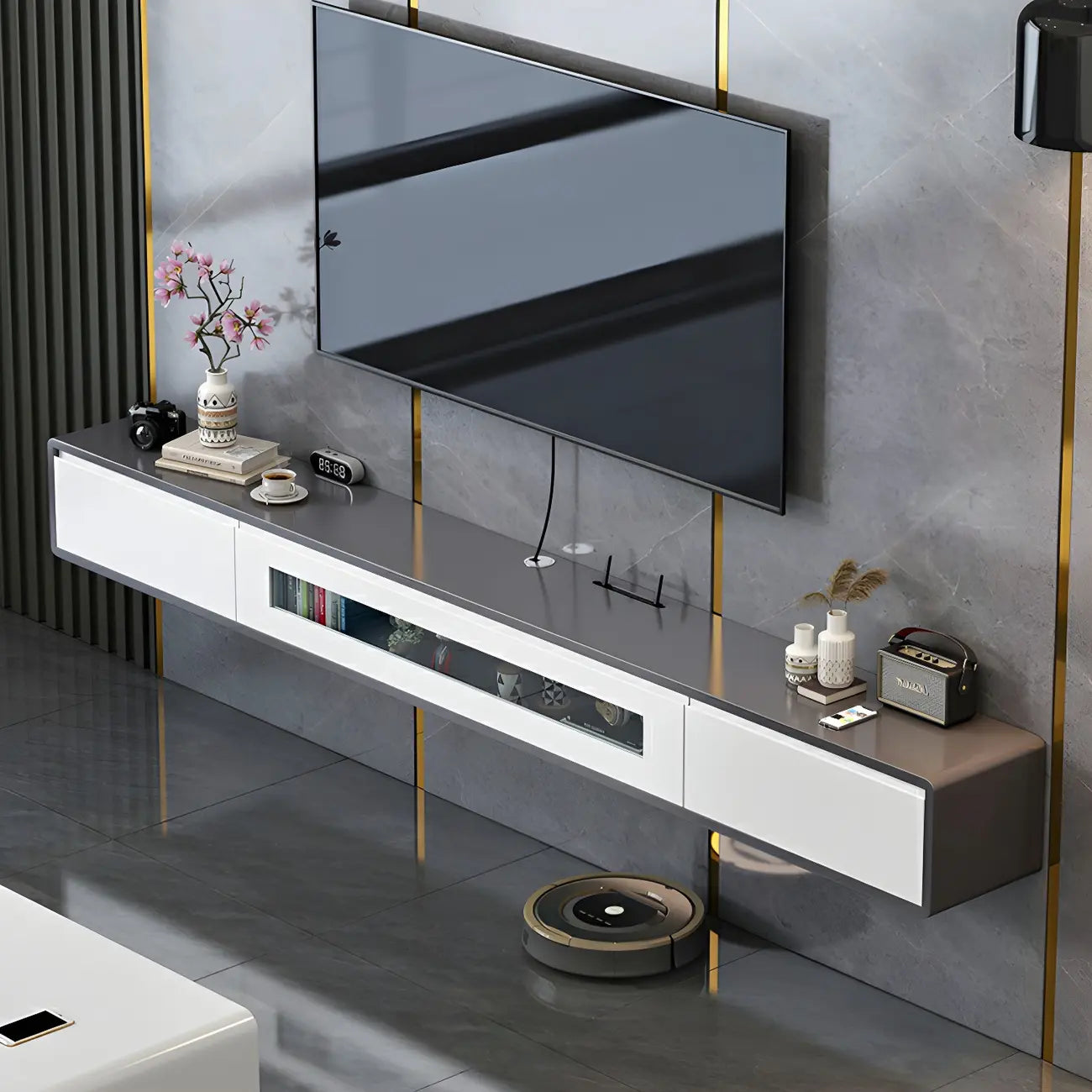 63 Natural Rubberwood Floating TV Stand with Hidden Storage