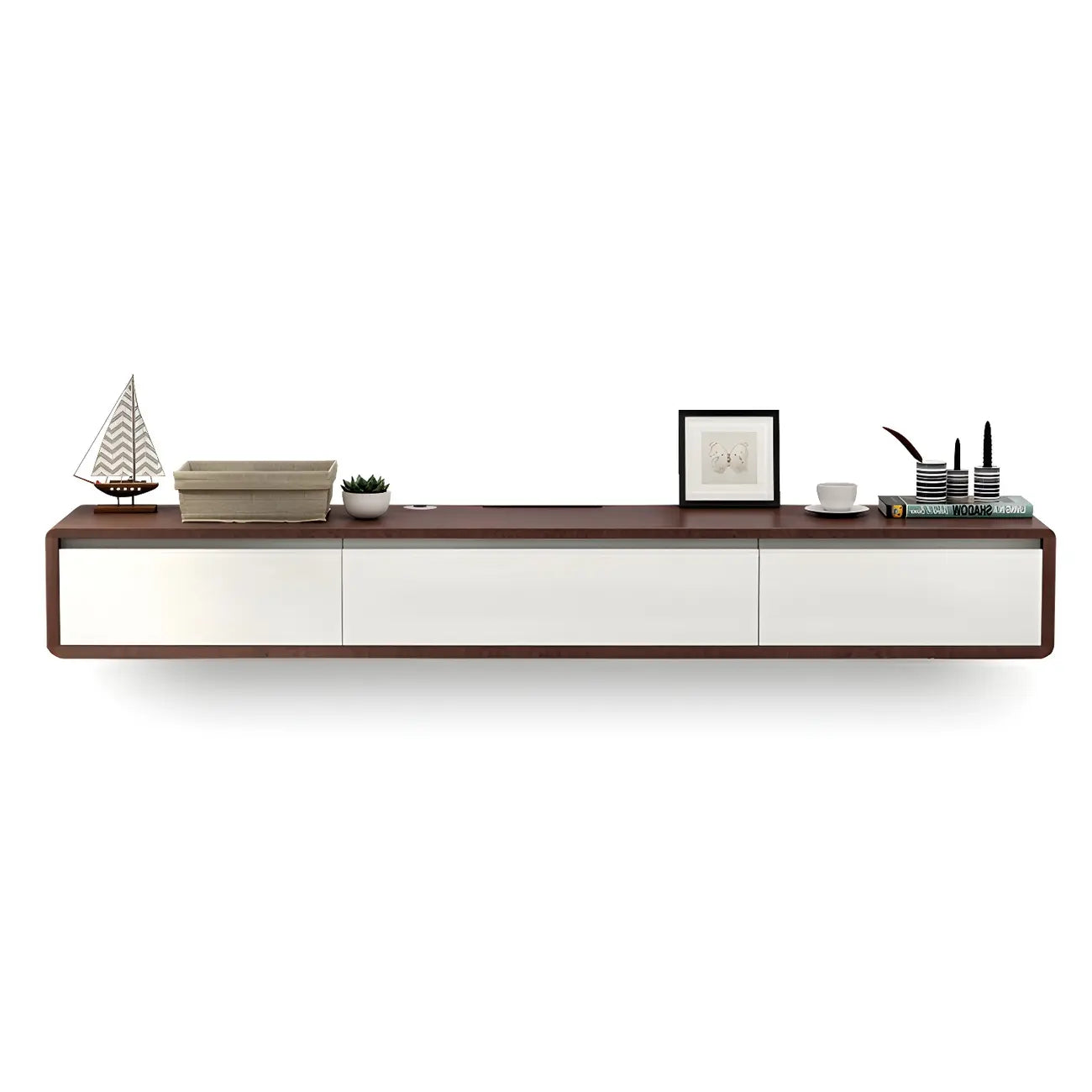 Long Rectangle Wooden Wall-Mounted TV Stand with Storage