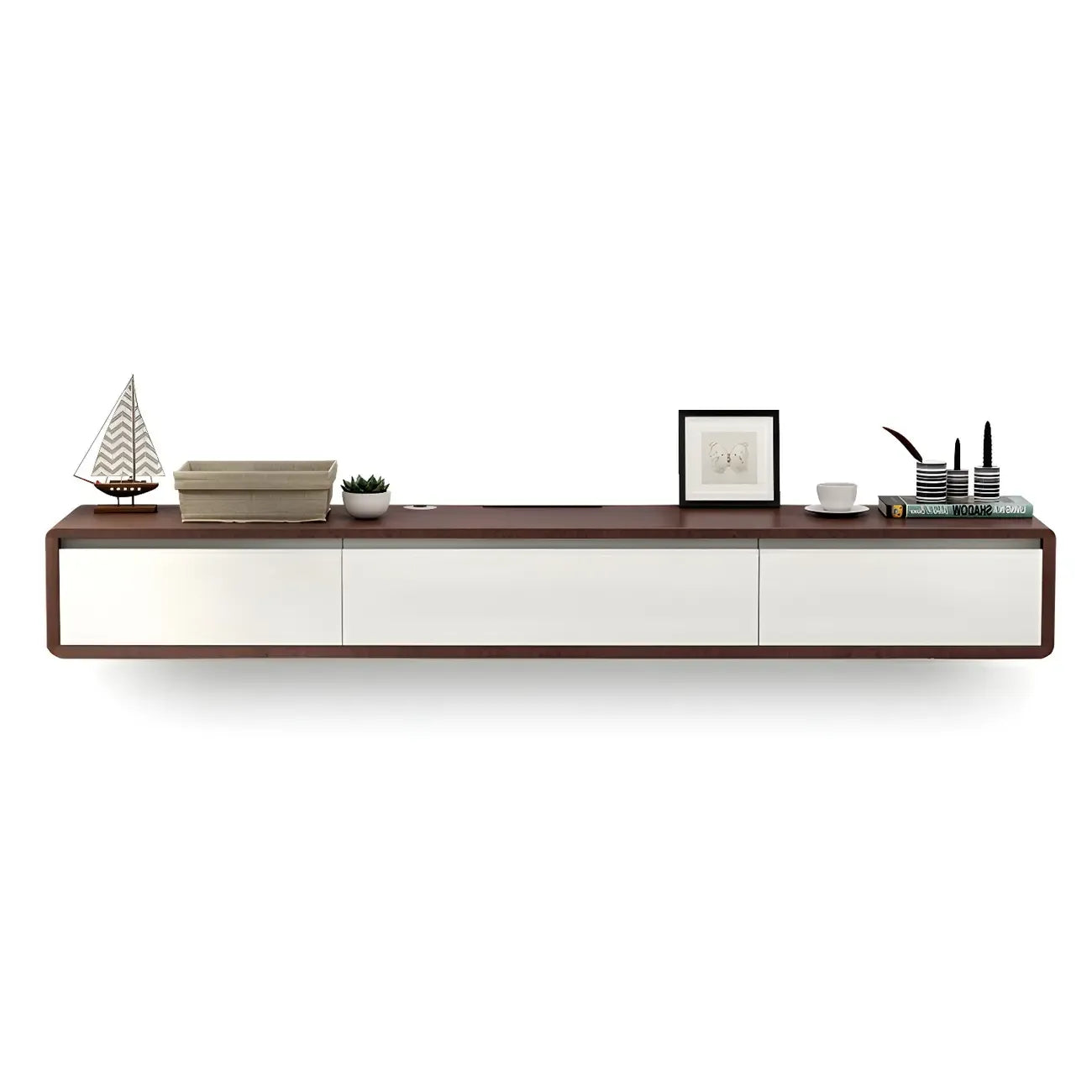 Long Rectangle Wooden Wall-Mounted TV Stand with Storage