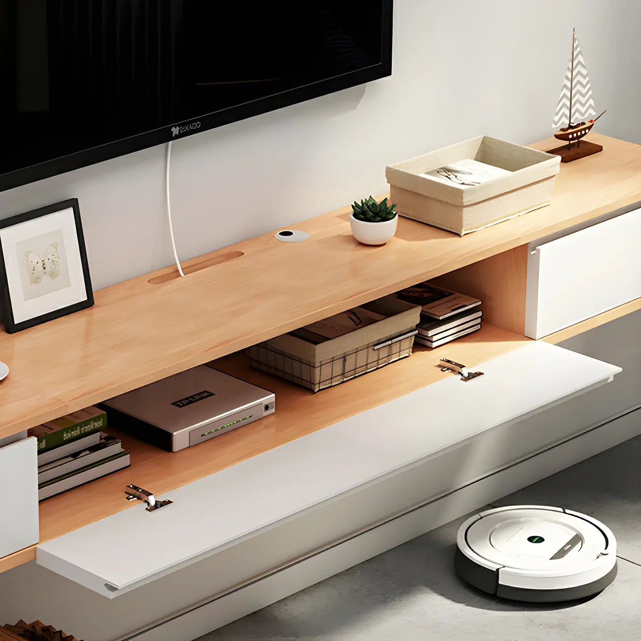 Long Rectangle Wooden Wall-Mounted TV Stand with Storage