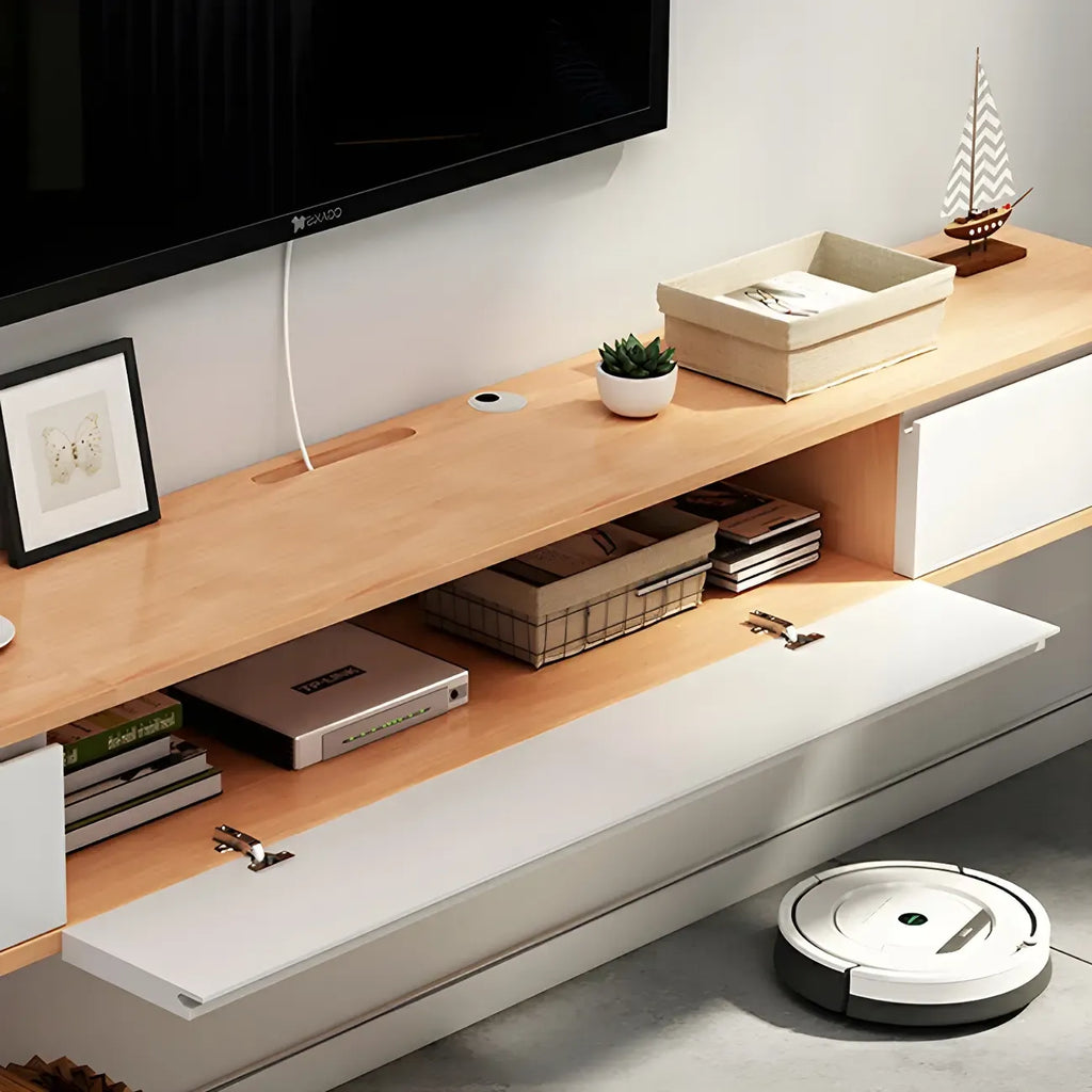 Long Rectangle Wooden Wall-Mounted TV Stand with Storage