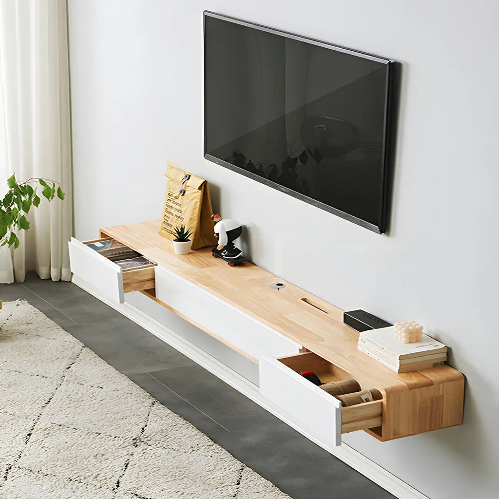 Long Rectangle Wooden Wall-Mounted TV Stand with Storage