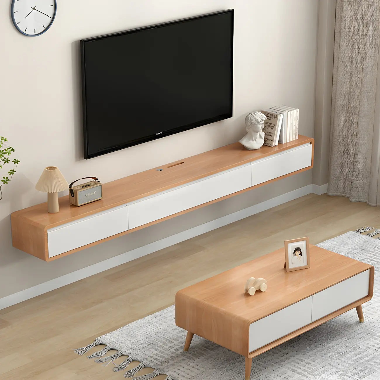 Long Rectangle Wooden Wall-Mounted TV Stand with Storage