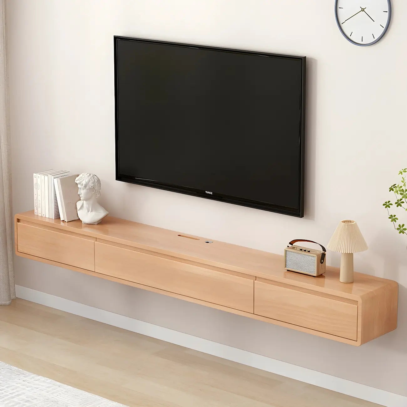 Long Rectangle Wooden Wall-Mounted TV Stand with Storage