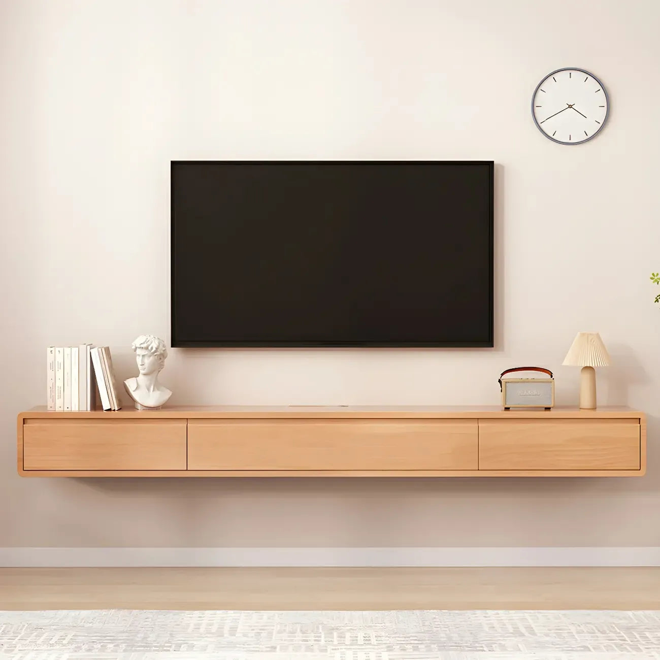 Long Rectangle Wooden Wall-Mounted TV Stand with Storage