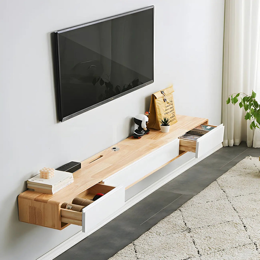 Long Rectangle Wooden Wall-Mounted TV Stand with Storage