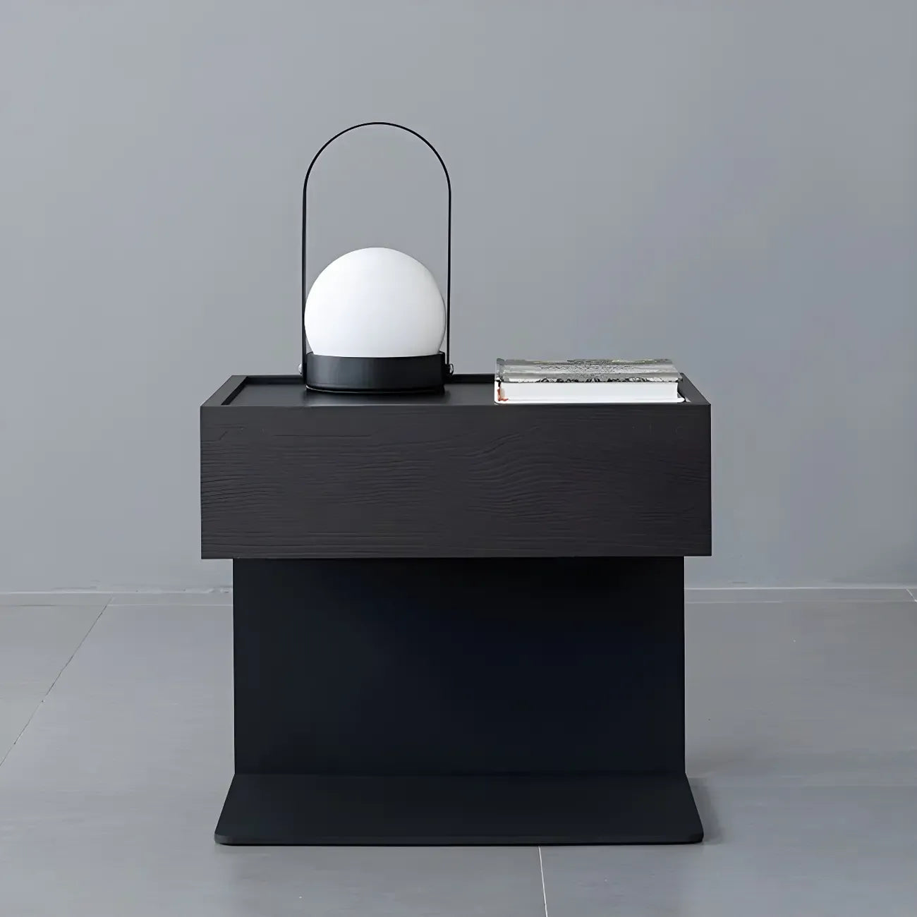 Black Steel Wood C-Shaped Drawer Nightstand with Light