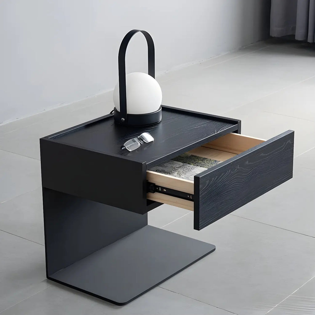 Black Steel Wood C-Shaped Drawer Nightstand with Light