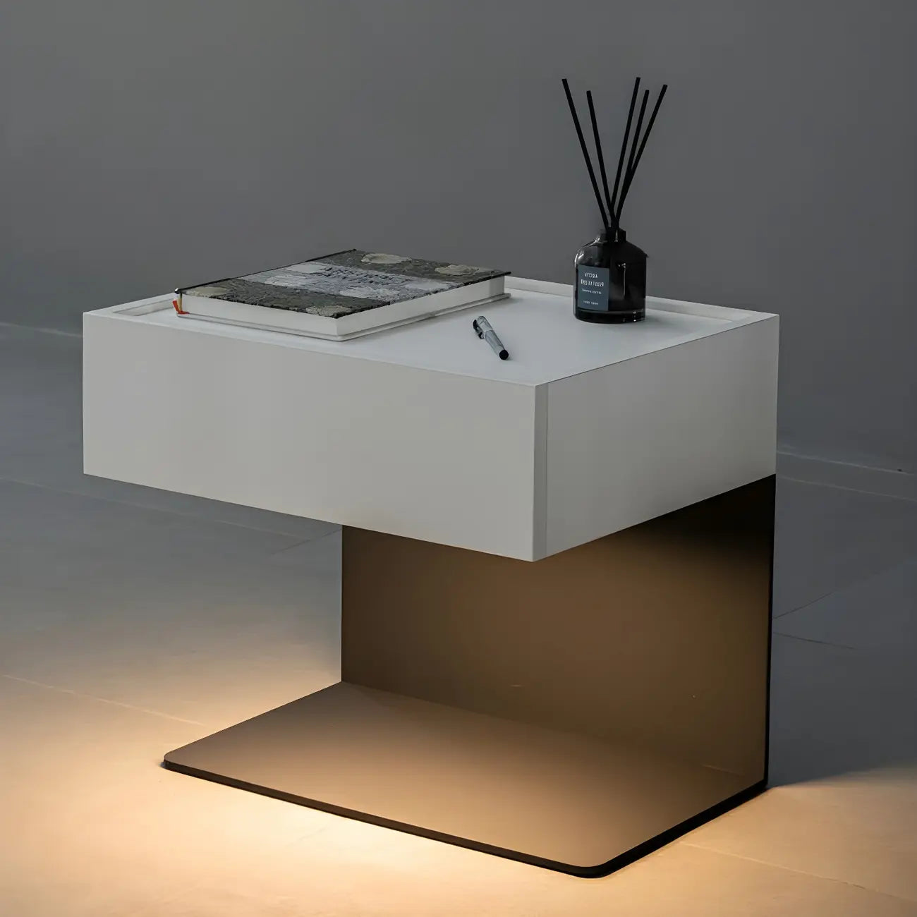 Black Steel Wood C-Shaped Drawer Nightstand with Light