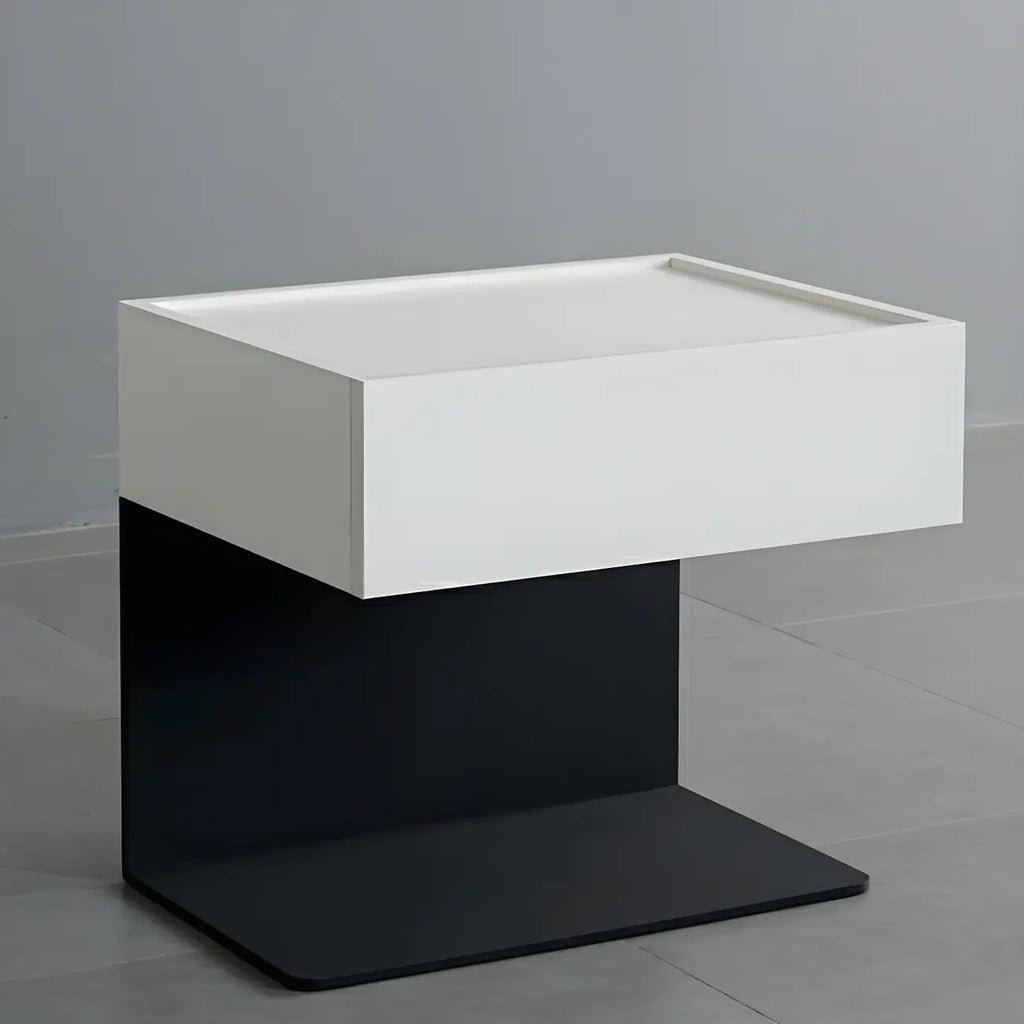 Black Steel Wood C-Shaped Drawer Nightstand with Light