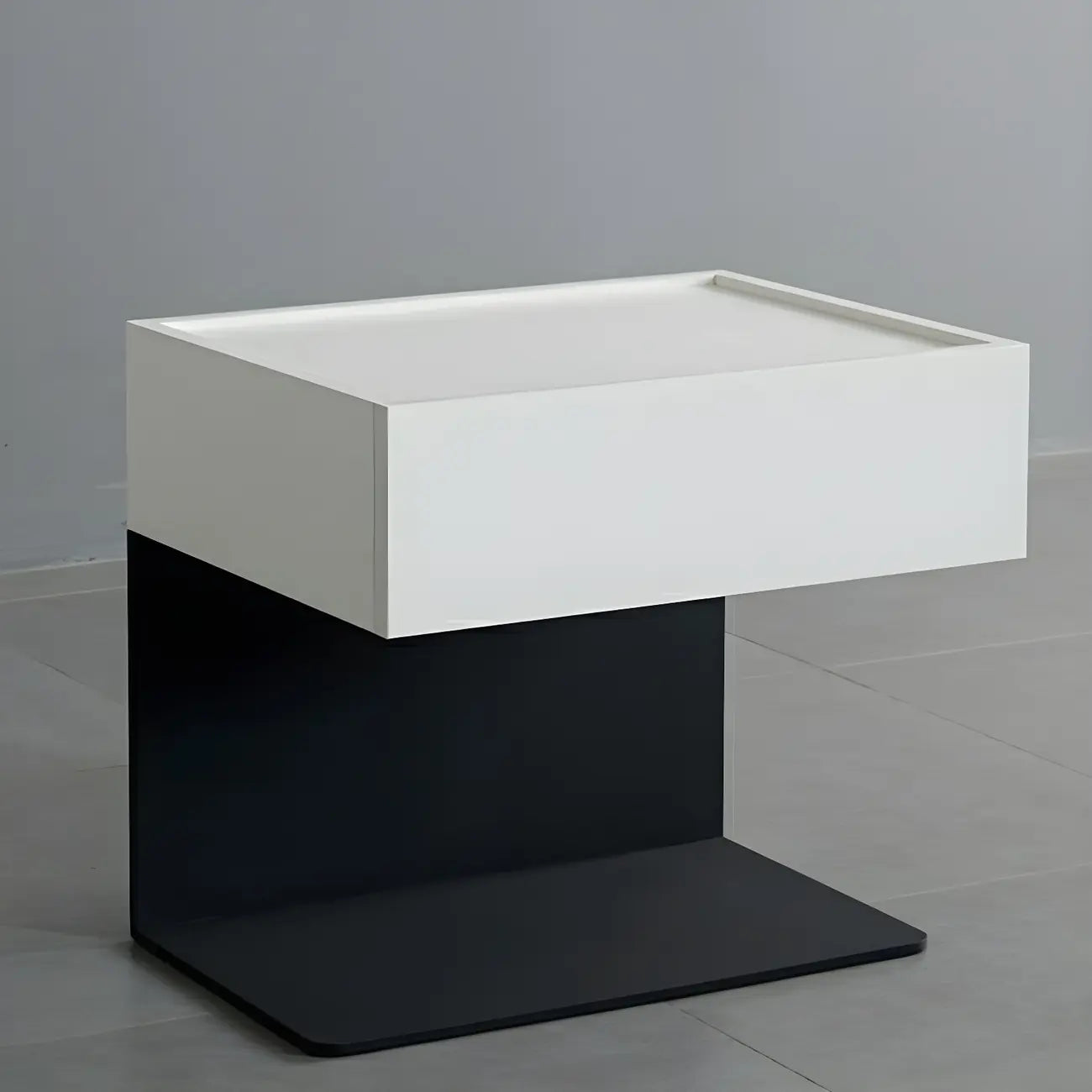 Black Steel Wood C-Shaped Drawer Nightstand with Light