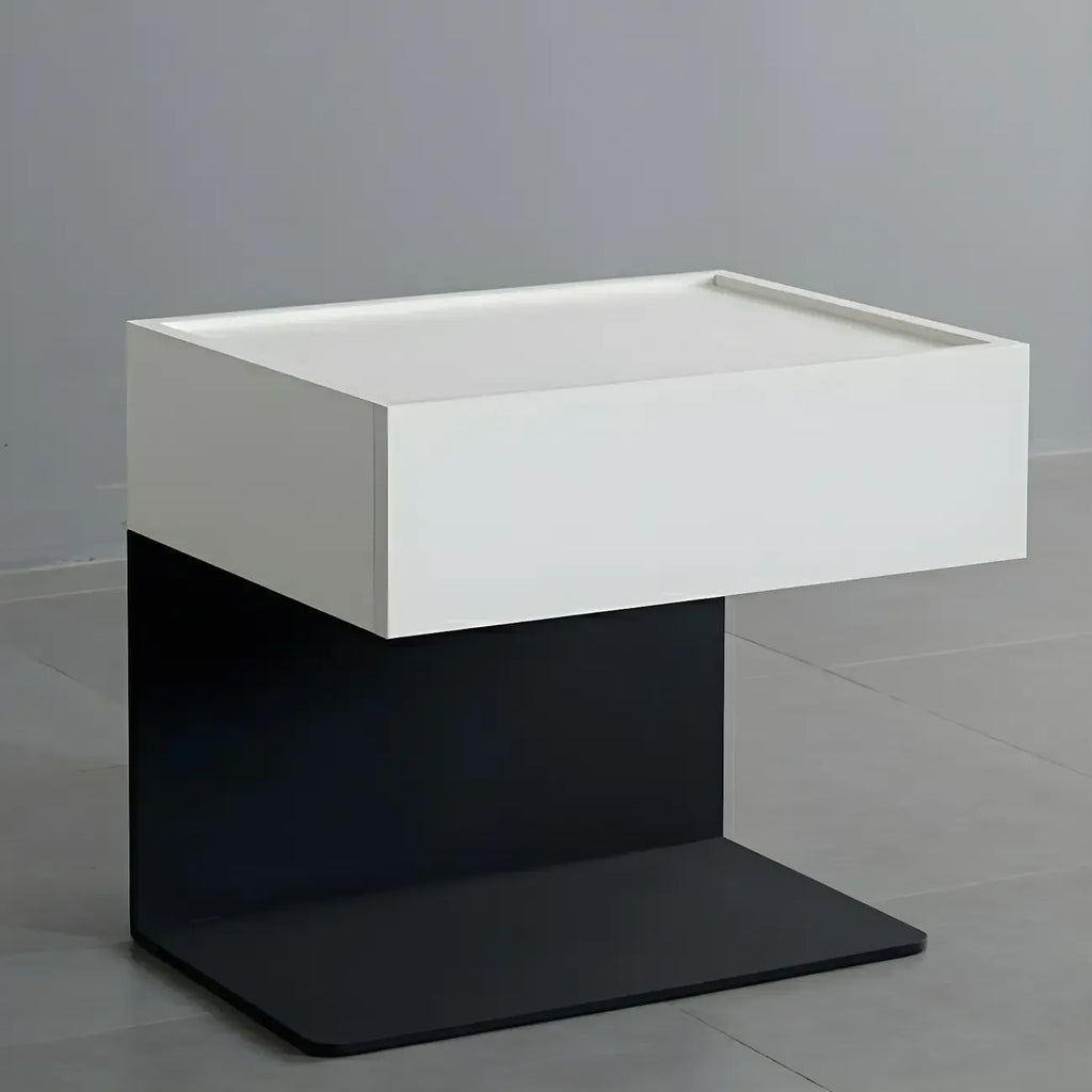 Black Steel Wood C-Shaped Drawer Nightstand with Light