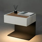 Black Steel Wood C-Shaped Drawer Nightstand with Light