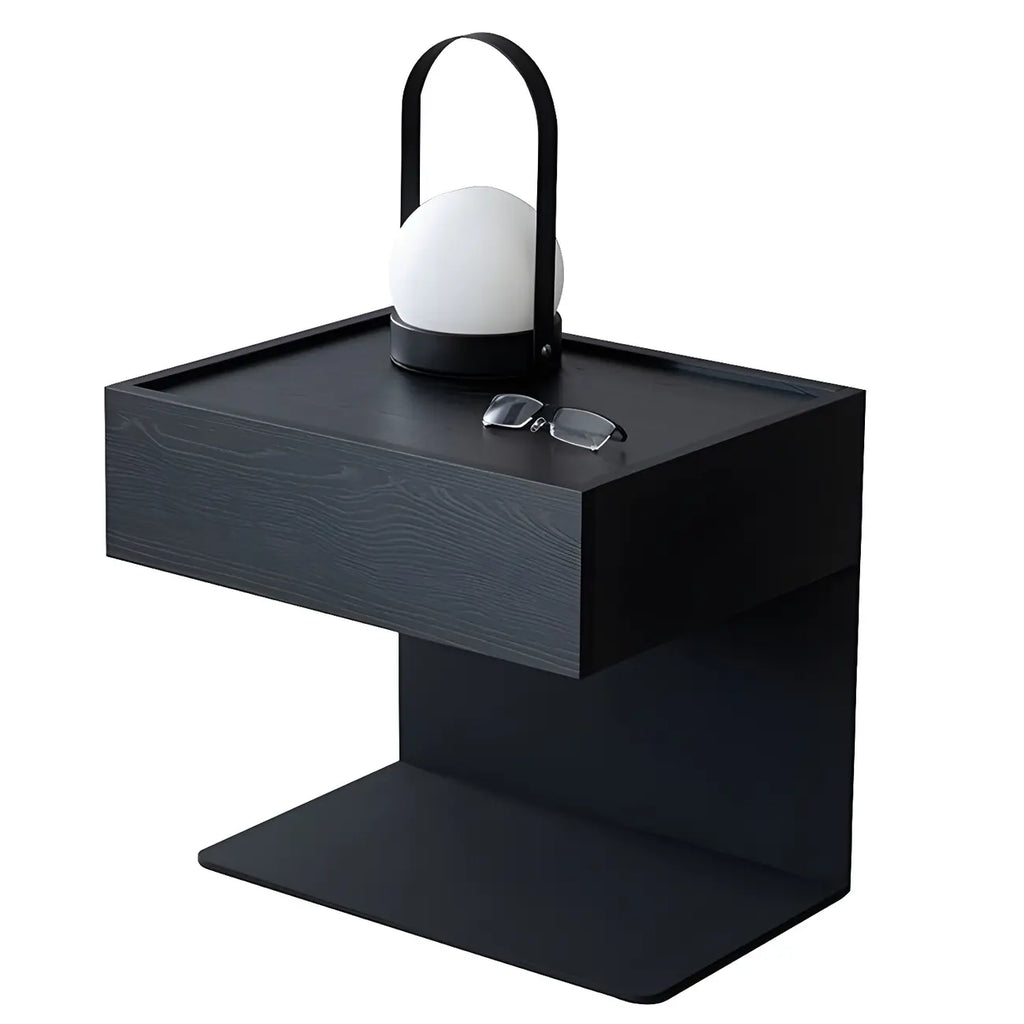 Black Steel Wood C-Shaped Drawer Nightstand with Light