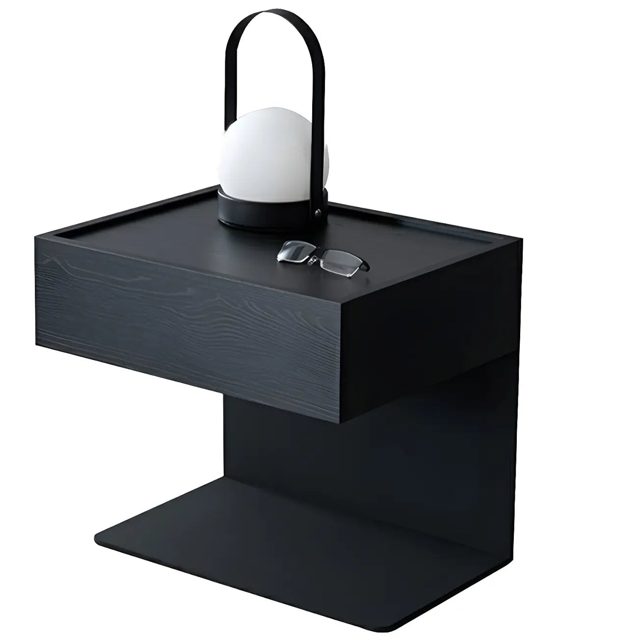 Black Steel Wood C-Shaped Drawer Nightstand with Light