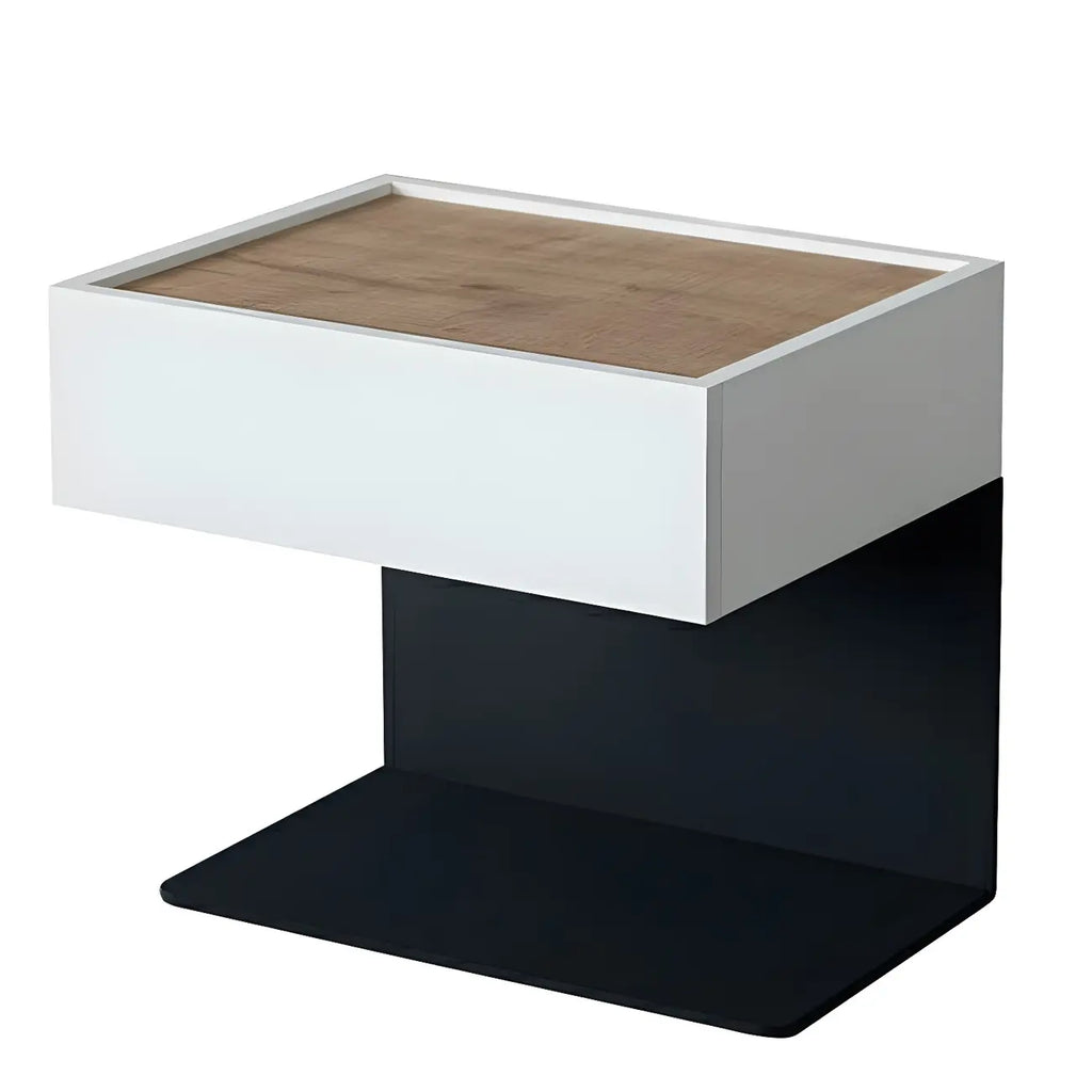 Black Steel Wood C-Shaped Drawer Nightstand with Light