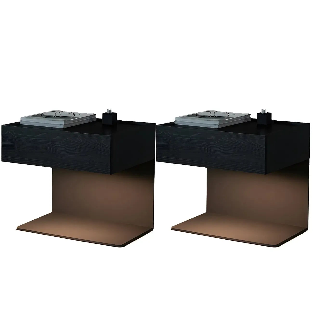 Black Steel Wood C-Shaped Drawer Nightstand with Light