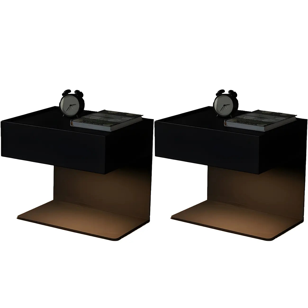 Black Steel Wood C-Shaped Drawer Nightstand with Light