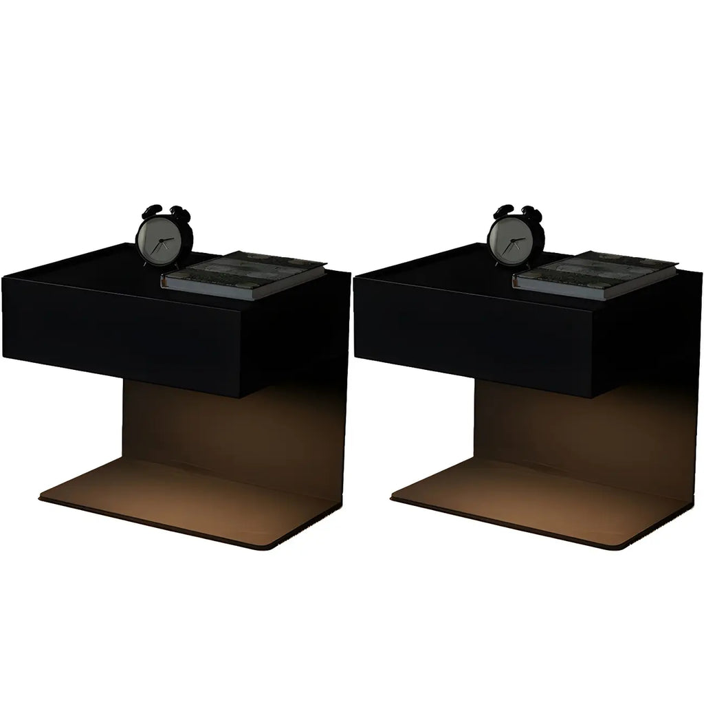 Black Steel Wood C-Shaped Drawer Nightstand with Light