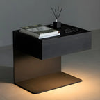 Black Steel Wood C-Shaped Drawer Nightstand with Light