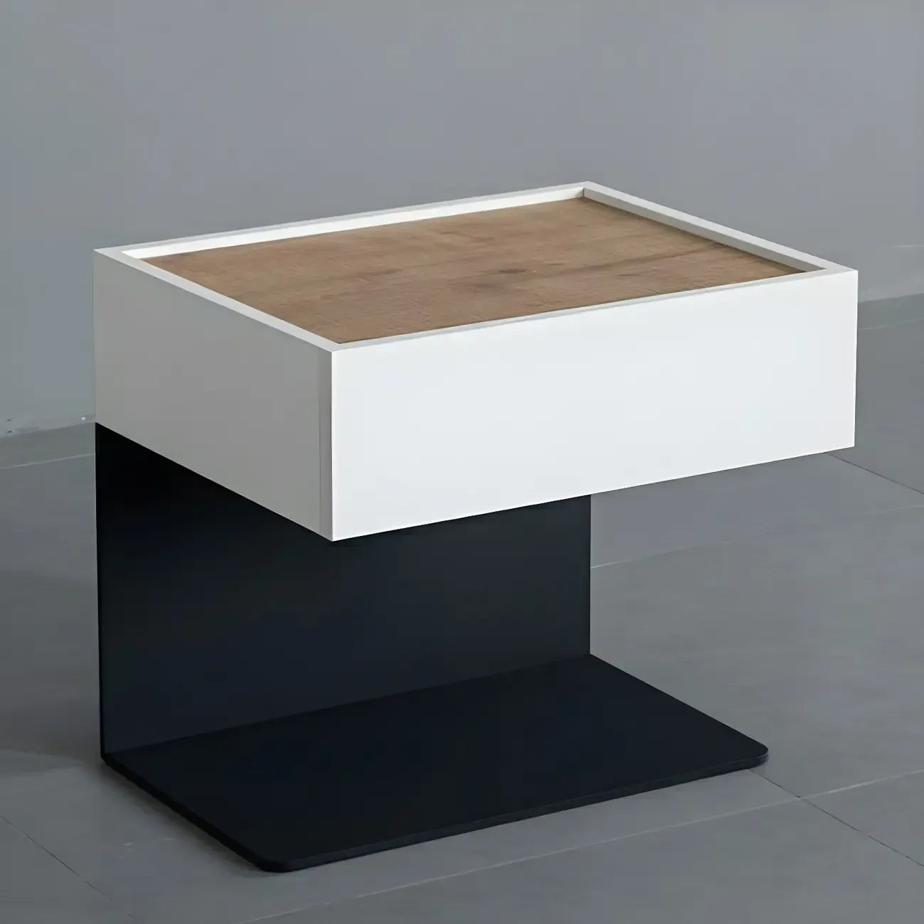 Black Steel Wood C-Shaped Drawer Nightstand with Light