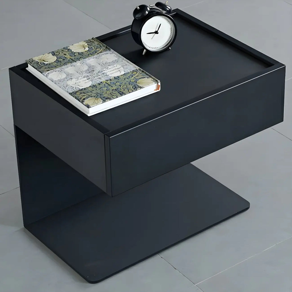 Black Steel Wood C-Shaped Drawer Nightstand with Light