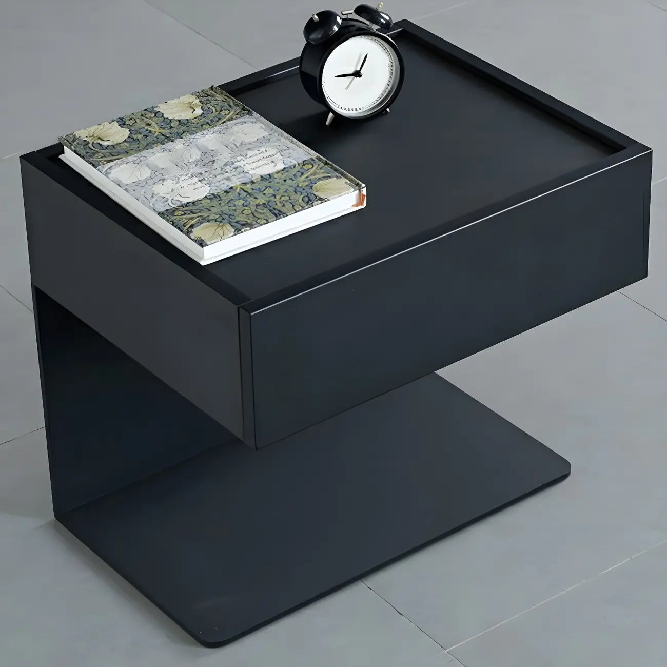 Black Steel Wood C-Shaped Drawer Nightstand with Light