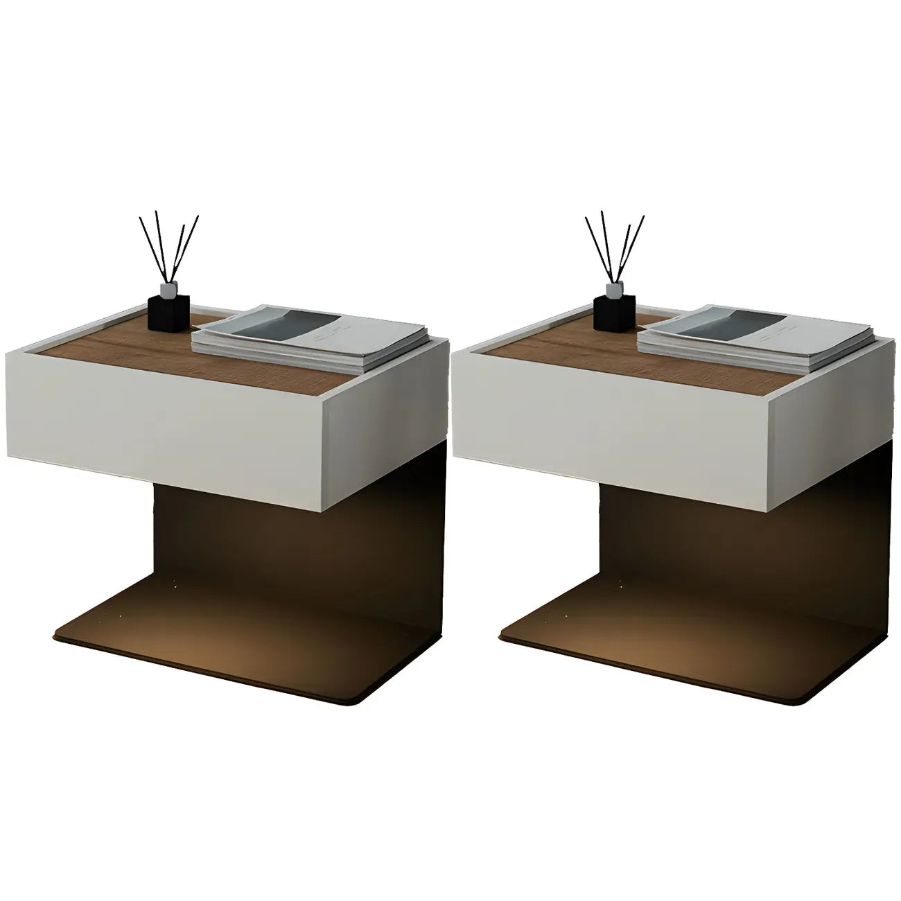 Black Steel Wood C-Shaped Drawer Nightstand with Light