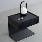 Black Steel Wood C-Shaped Drawer Nightstand with Light