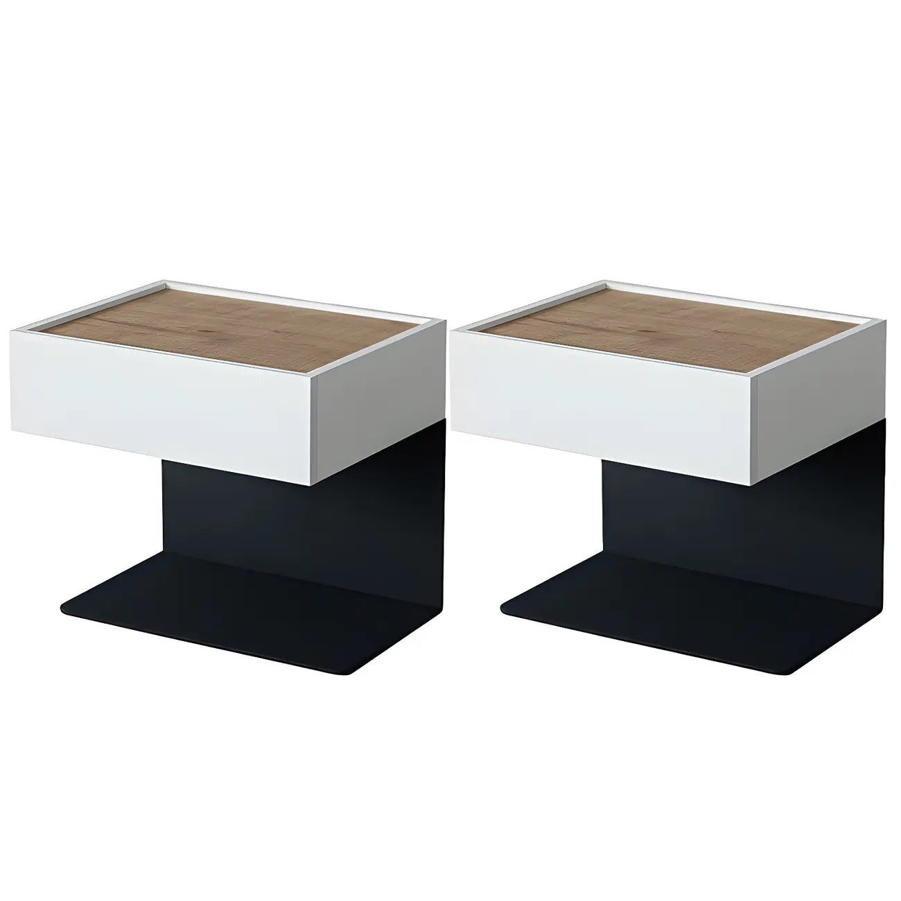 Black Steel Wood C-Shaped Drawer Nightstand with Light