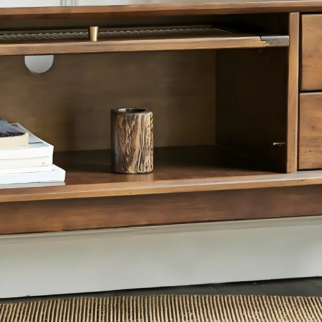 71 Nordic Brown Wood Cable Management Storage TV Stand