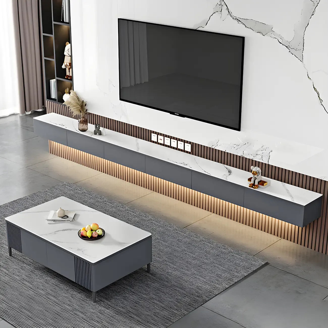 63 Grey Stone Floating Cable Management Drawers TV Stand