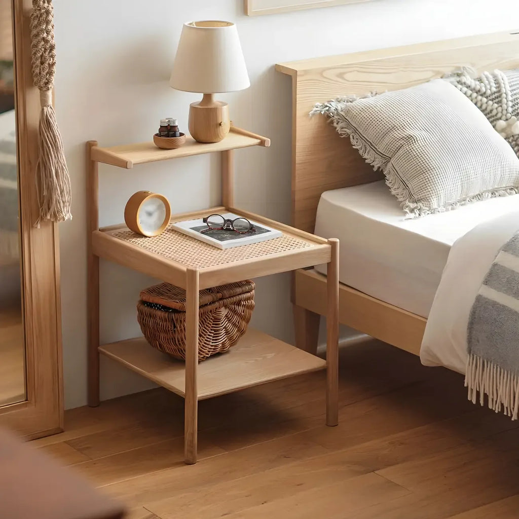 Natural 2-Tier Wood Rattan Shelf Open Storage Nightstand