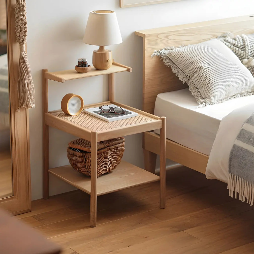 Natural 2-Tier Wood Rattan Shelf Open Storage Nightstand