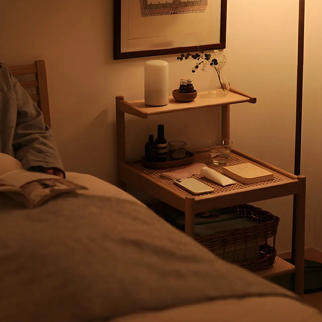 Natural 2-Tier Wood Rattan Shelf Open Storage Nightstand