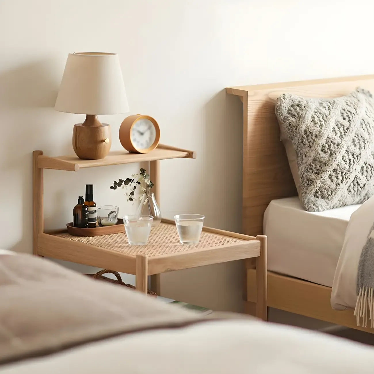 Natural 2-Tier Wood Rattan Shelf Open Storage Nightstand