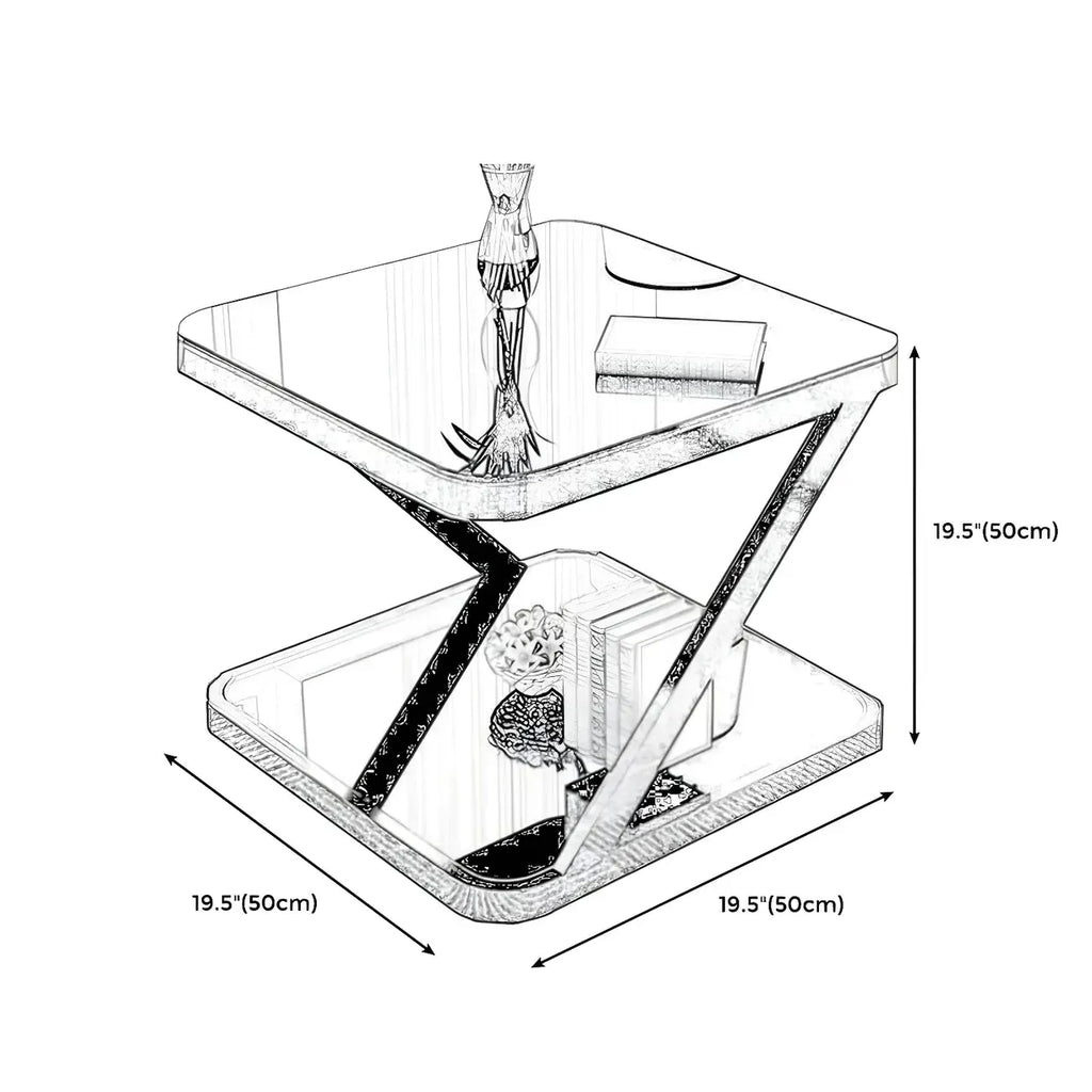 2-Tier Black Glass End Table with Storage for Living Room