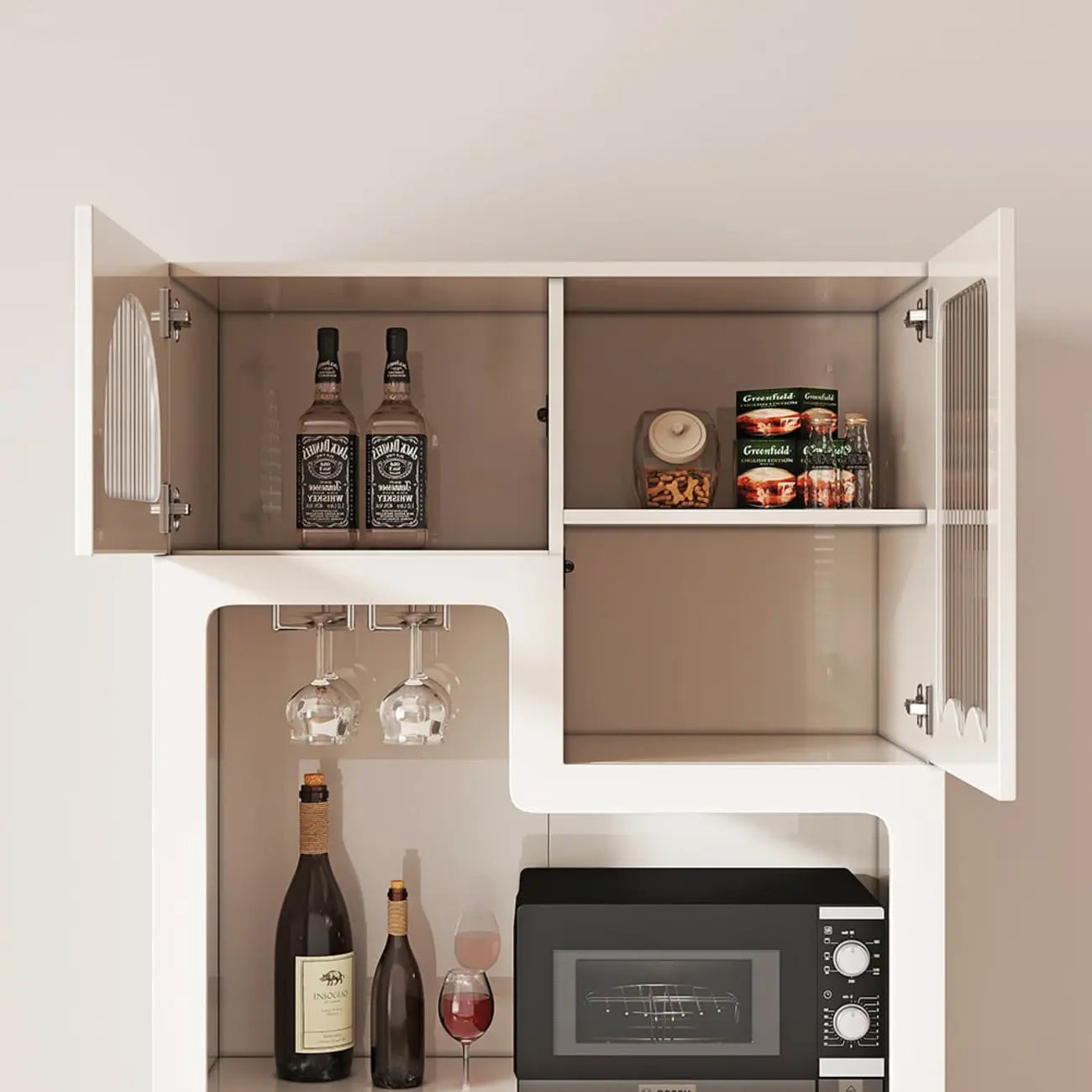 Tall White MDF Fluted Glass Doors Wine storage Sideboard
