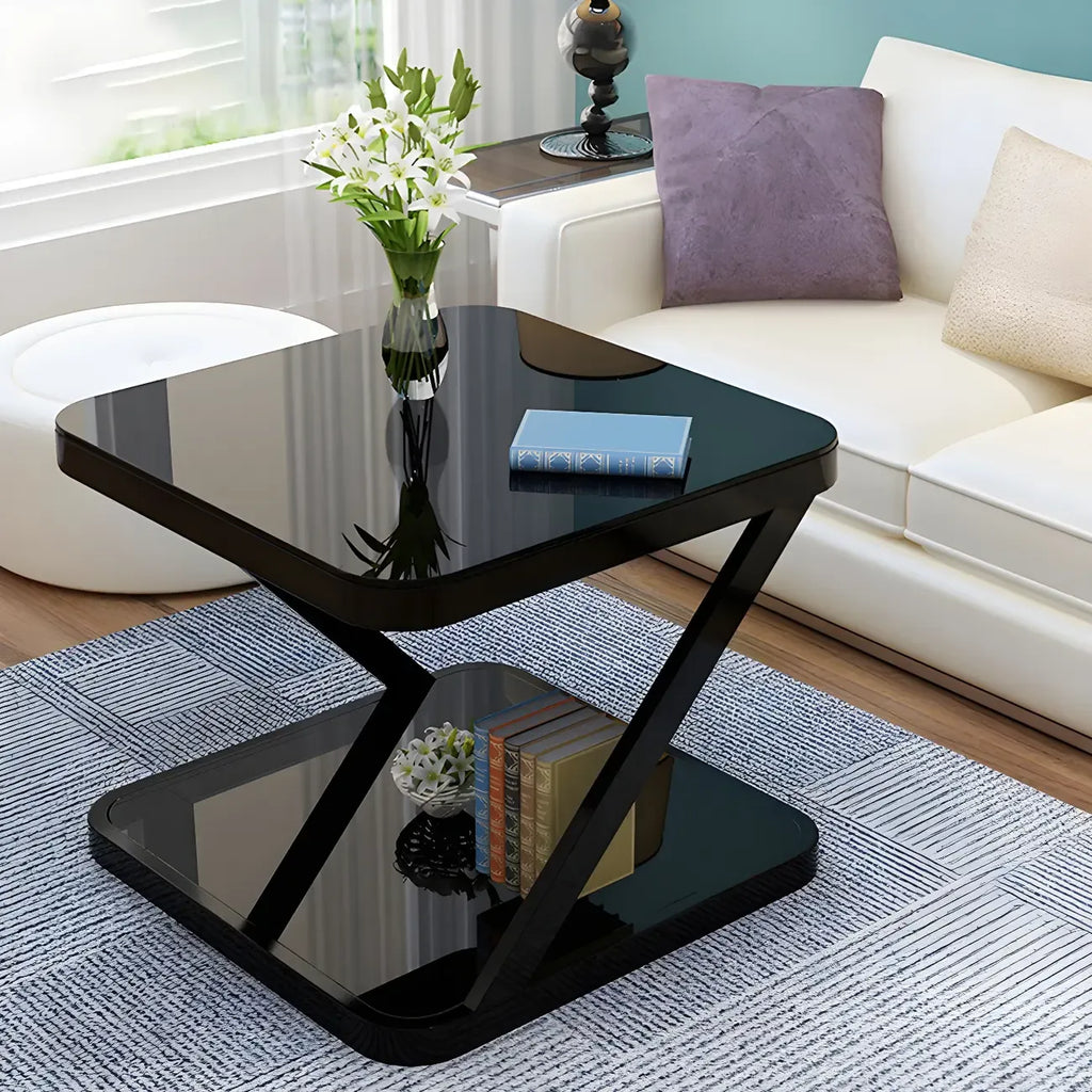 2-Tier Black Glass End Table with Storage for Living Room